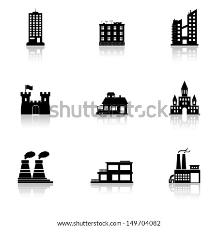 Vector black buildings and factories icons set on white Vector black buildings and factories icons set on white