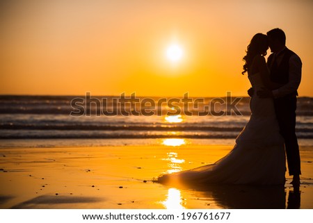 Bride and Groom at Sunset Romantic Married Couple