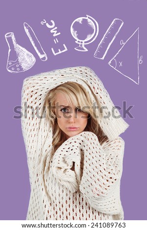 Education concept . Back to school. .young beautiful student with school things mark on a purple background