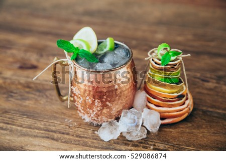 Moscow mule cocktail set, ingredients for Christmas and New Year holiday drink