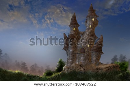 A digital render of a fantasy castle in the early evening light.