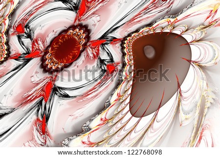 An abstract fractal with red, black and yellow swirls on a white background.