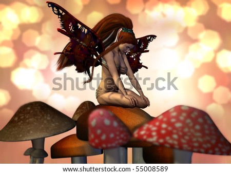 A pretty female fairy sitting on a mushroom. Peach and pinks and browns and yellow light surround her.