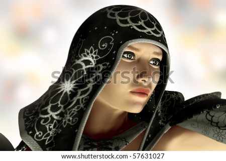 A portrait of a hooded fantasy woman. Her hood is black and silver and she is looking off to the side with a serious expression.