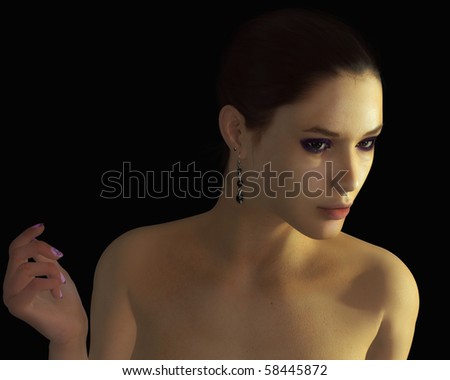 A digital render of a beautiful woman naturally attractive with black background.