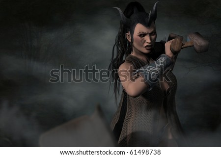 A digital render of a fantasy warrior woman in the mist attacking an unseen opponent with war hammers.
