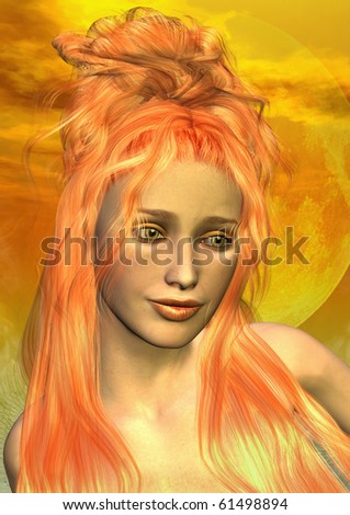 A digital render of a fantasy woman portrait. Orange hair and background.