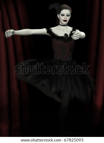 A digital render of the black swan character Odele from Tchaikovsky\'s Swan Lake ballet. Black tutu and feathers. THIS IS NOT A PERSON, IT IS A DIGITAL RENDER AND IS AVAILABLE FOR FULL COMMERCIAL USE.