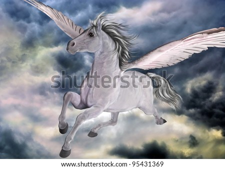 A digital render and painting of Pegasus, a winged horse from Greek mythology, heading up to Mount Olympus to see Zeus.