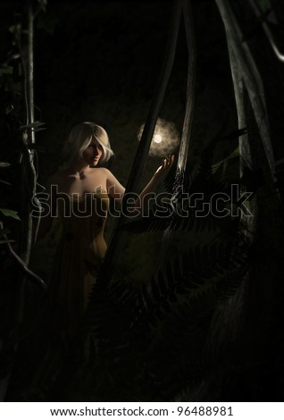 A digital render of a female elf holding a magic light in a dark forest.