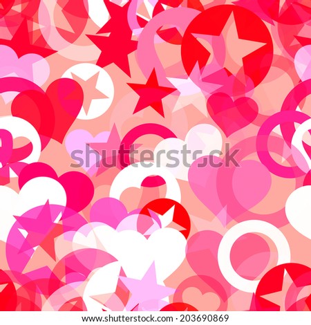 A seamless background pink paper with hearts and stars with a pink background.