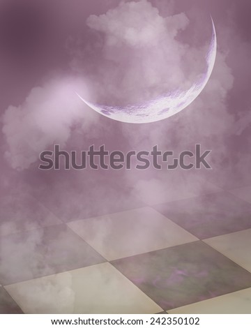An abstract background with a moon and tile floor.