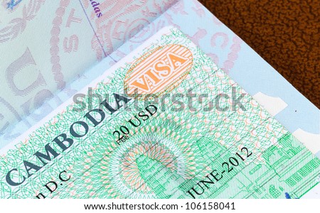 Visa in a USA passport for Cambodia