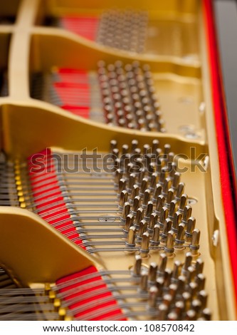 Detailed interior of grand piano showing the strings, pegs, sound board with focus on one section