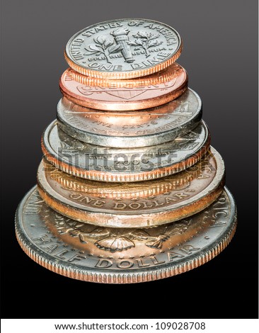 Macro stack of all the US coins circulating in USA from dollar and half dollar coin to cent