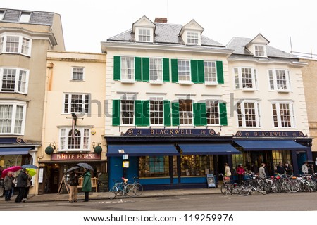 OXFORD,ENGLAND - OCT 19: Students  congregate at Blackwell\'s Bookstore in Oxford on October 19, 2012. The famous bookstore was founded in 1879