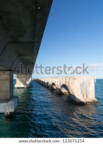 Concrete bridge and broken heritage trail in Florida Keys by Route 1 Overseas Highway