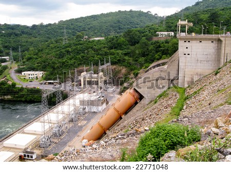 View of the dam and hydro-electric generators and pylons in Ghana in Africa