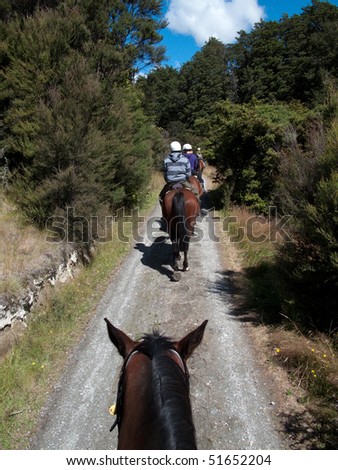 Row of horse riders in line going down a lane