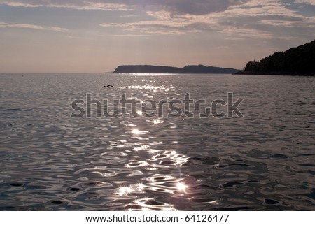 Backlit silhouette of lone swimmer in a bay with the sun shining and reflecting off the waves