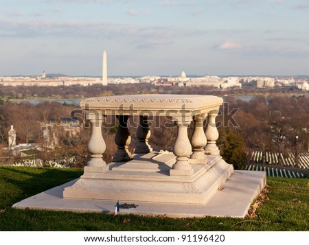 Memorial table outside Arlington House in Cemetery overlooks Washington DC at sunset
