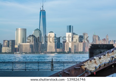JERSEY CITY, NJ, USA - 22 MAY: 9-11-01 Memorial at Exchange Place on 22 May 2013. The memorial and section of girder from World Trade Center was inaugurated on September 10, 2012