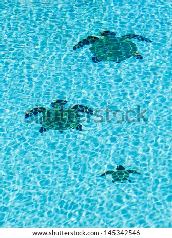 Three tiled turtles on the floor of a swimming pool apparently moving away from camera with ripples on surface of water