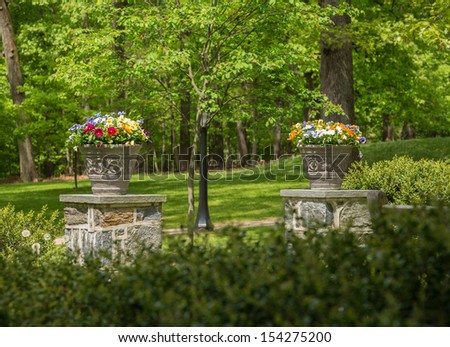Two flower urns on stone wall in summer framed by hedge and sunlit trees in rear