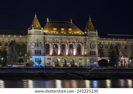 Night shot of the illuminated University of Technology and Economics in Budapest, Hungary