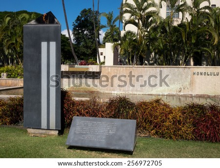 Eternal flame monument to Sep 11 attack at Honolulu Hale or town hall in center of city of Honolulu, Oahu, Hawaii