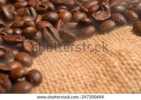 Hot coffee / hot coffee beans in the gunny sack with smoke