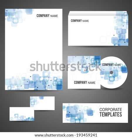 Corporate identity business design. Set: business card, A4-stationary, CD and CD-cover, envelope, banner. Vector file is well organized, grouped, templates with clipping mask, easy editable.
