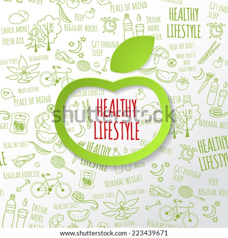 Healthy lifestyle concept with green paper apple form. Vector hand drawn doodle background