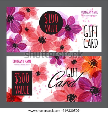 Gift voucher template with bright red, pink and purple flowers.Vector Abstract background. Concept for boutique, jewelry, floral shop, beauty salon, fashion, flyer, banner design. Gift voucher design
