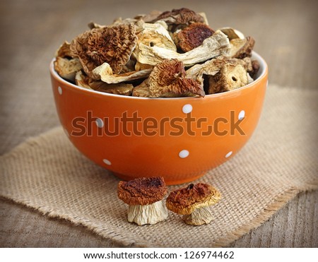Dried mushrooms in orange bowl on wooden background, close-up
