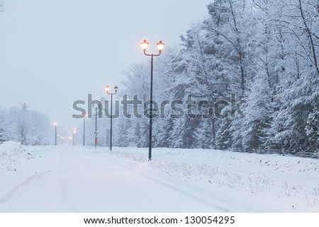 Winter small town snow covered road in northern Ontario,streetlight posts.