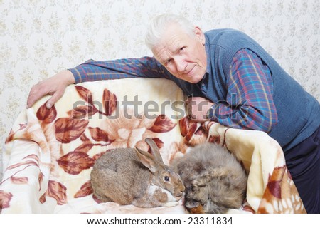 elderly man near cat and rabbit