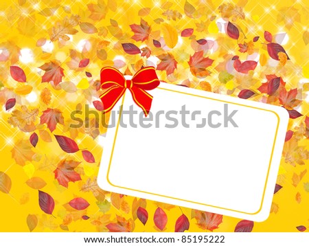card with bow and fall leafs on yellow background