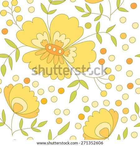 Yellow flowers and dots seamless pattern.