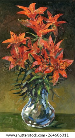 bouquet of red lilies in a glass vase painting