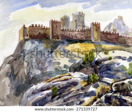 watercolor painting on paper with a medieval fortress in color