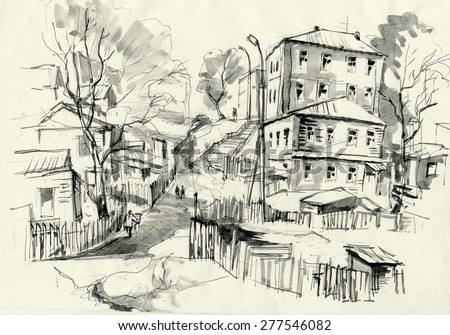 Street with old houses in a small town sketch