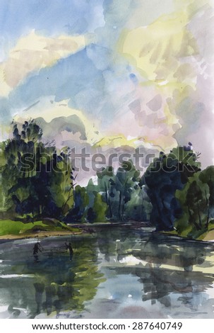 forest lake summer day watercolor painting