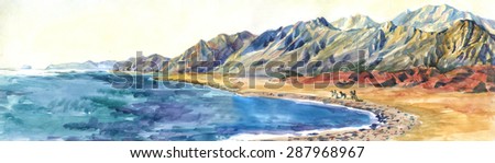 view of the mountain range on the coast of the southern sea watercolor painting