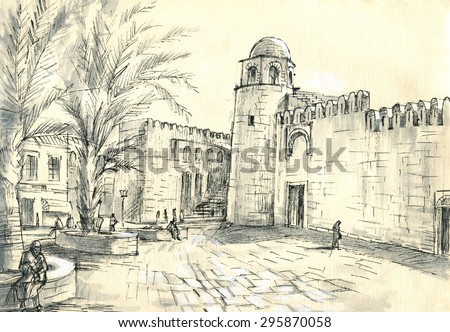 mosque in the arab town sketch