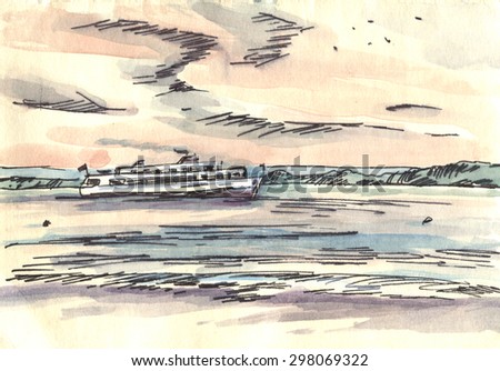 Passenger ship on the river sketch