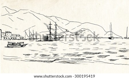 bay with mountains and ship sketch