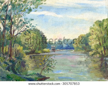 summer landscape with river oil painting