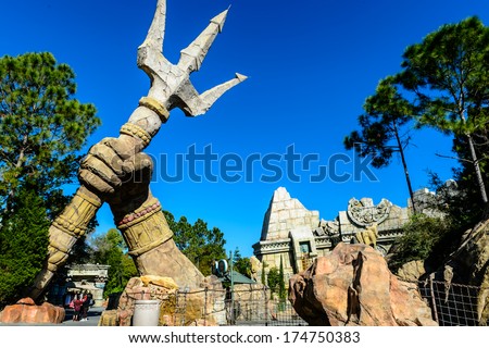 ORLANDO, FL - DECEMBER, 19, 2013: Poseidon\'s Fury in Adventure Island of Universal Studios Orlando. Universal Studios Orlando is a theme park resort in Orlando, Florida.