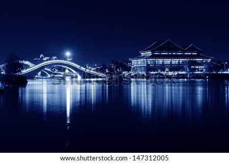 Architecture landscape at night in a park in a park in HuiFeng Lake Park , China.
